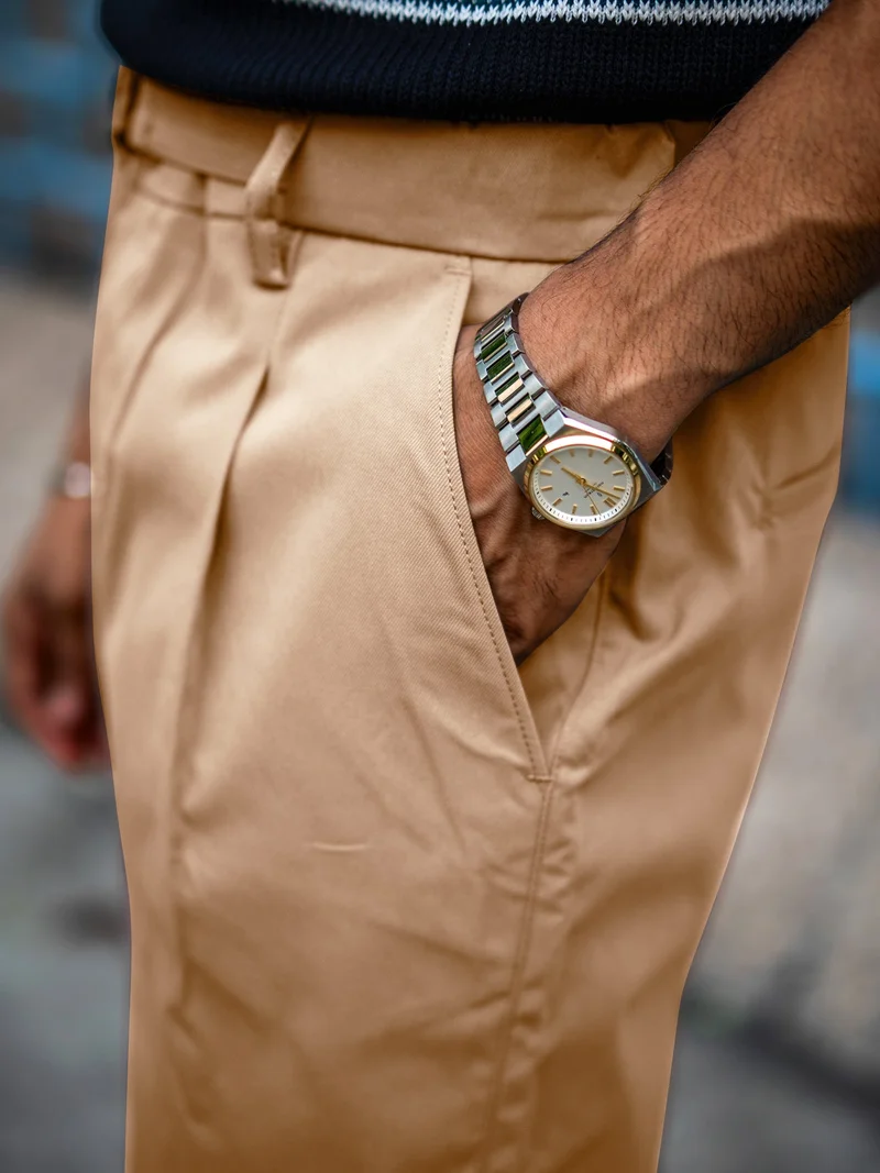 Maniac  Maniac Mens Solid Dark Beige Belted Cotton Blend Trouser for Men | Best Price UAE